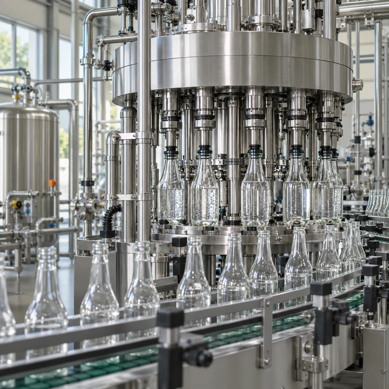 Illustrative clean beverage bottling line with stainless-steel processing equipment setting