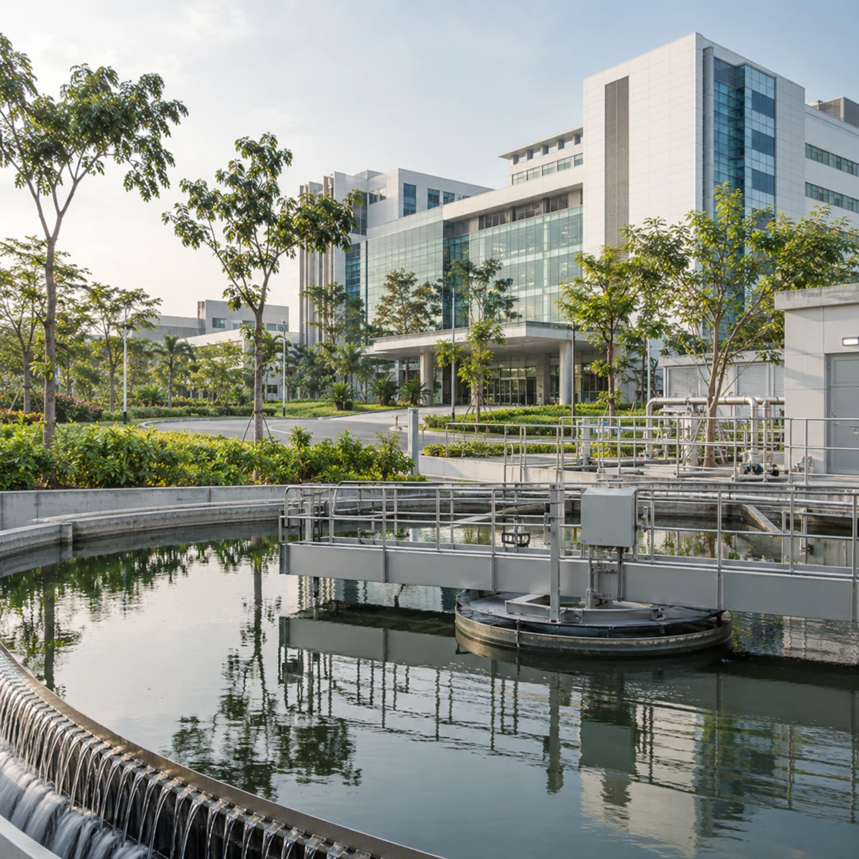 Illustrative contemporary hospital campus surrounded by green landscaping setting