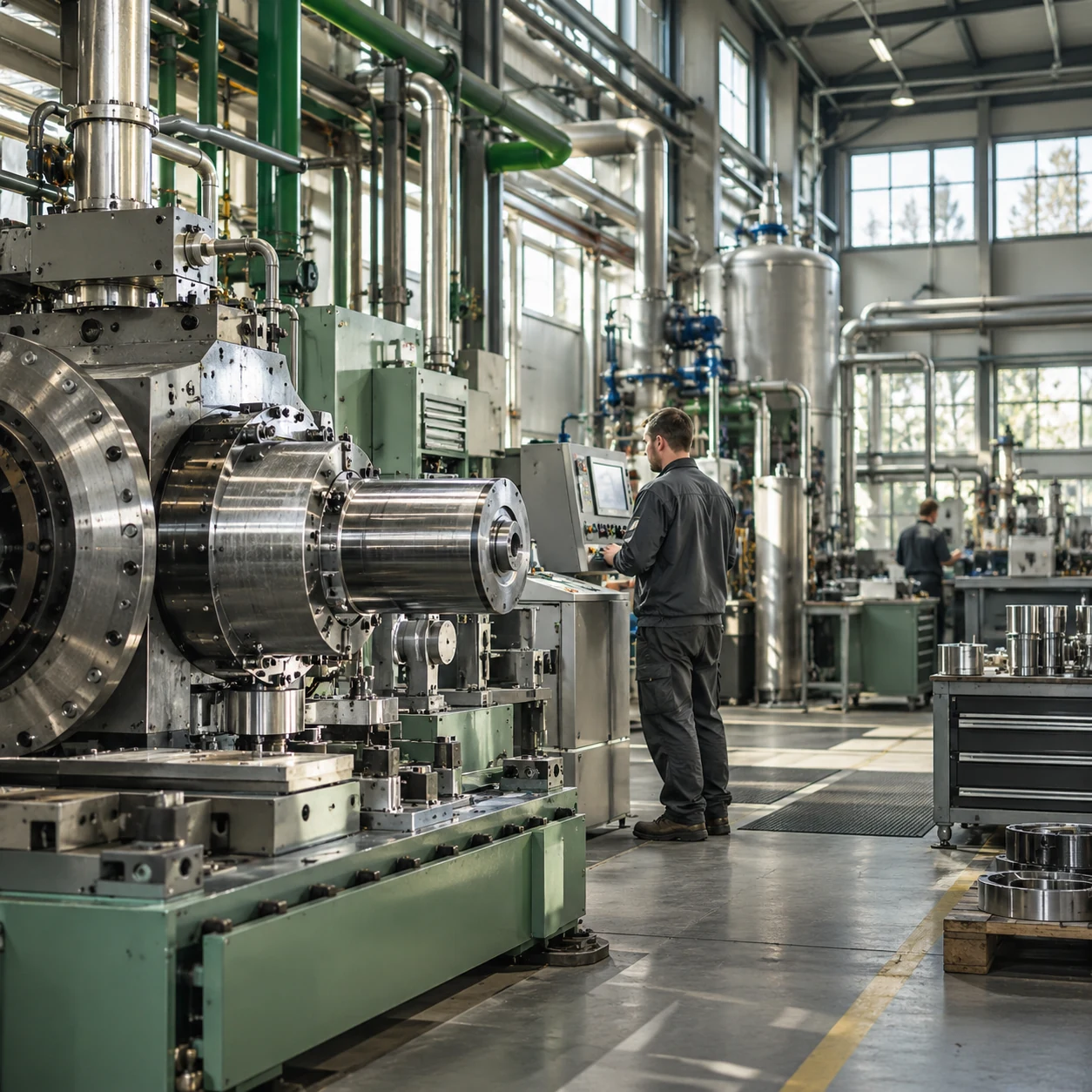 Illustrative modern manufacturing workshop with organized industrial machinery setting