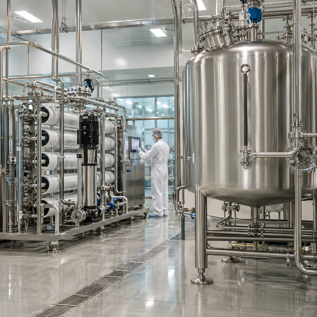 Illustrative purified-water equipment in a clean pharmaceutical facility setting