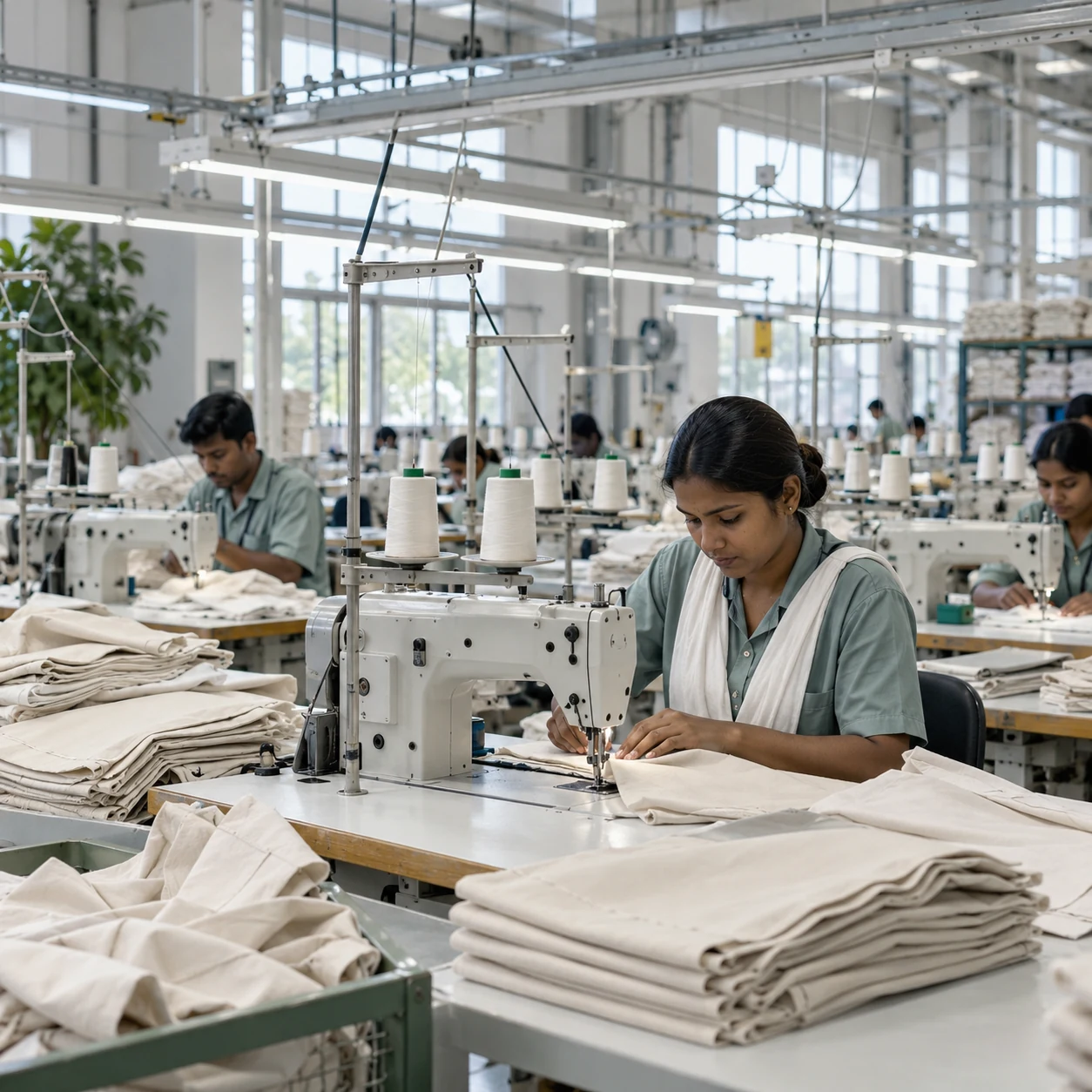Illustrative modern garment production line with sewing machines and textiles setting