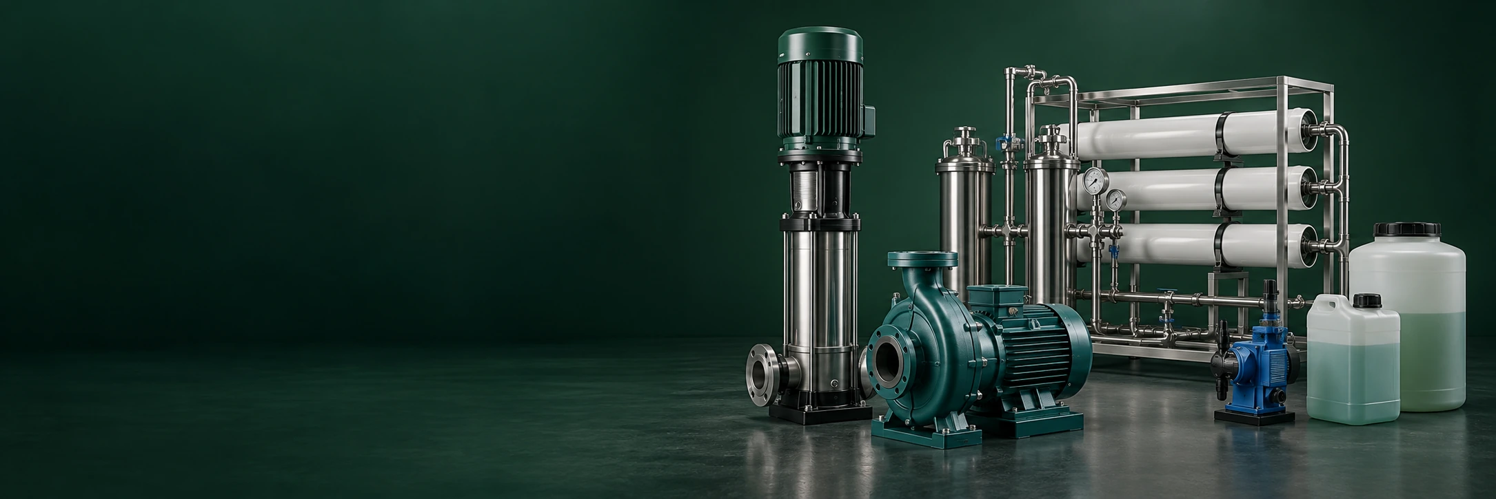 Illustrative studio arrangement of water treatment pumps, a reverse osmosis skid, dosing equipment and treatment chemical containers