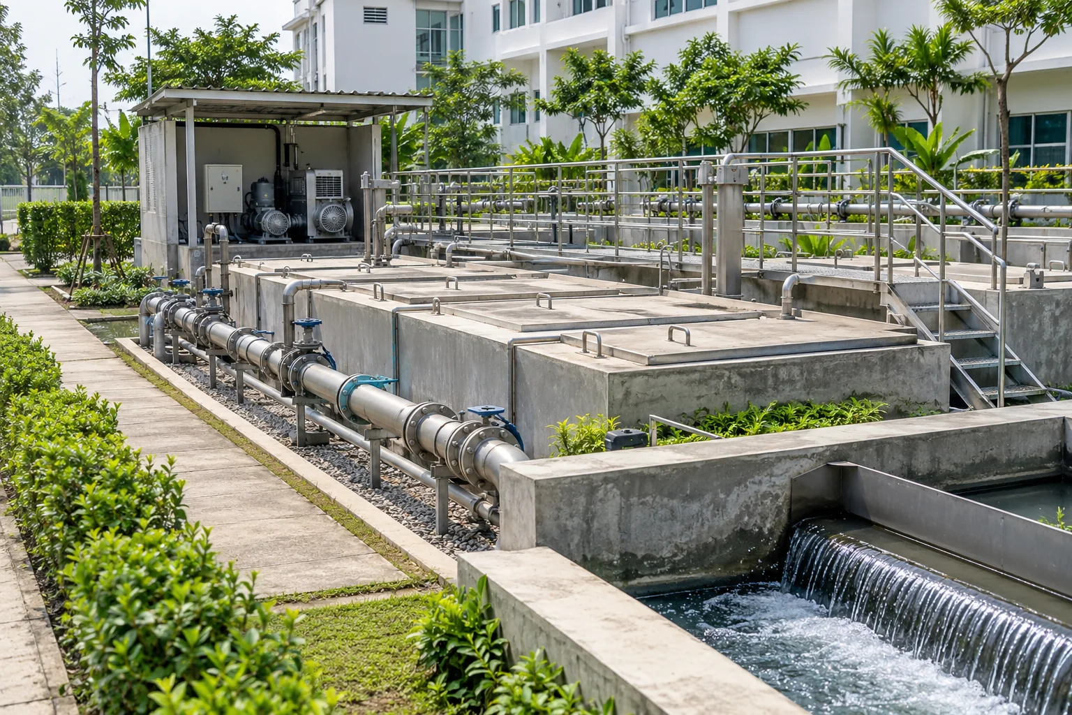 Illustrative compact sewage treatment plant beside a commercial campus