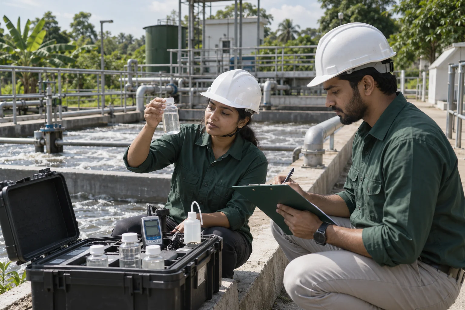 Illustrative environmental engineers assessing industrial water samples