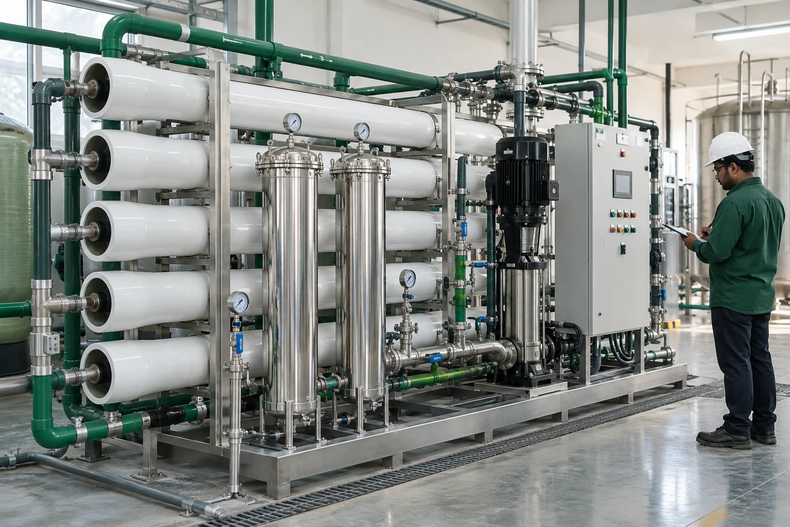 Illustrative industrial RO system being inspected by a commissioning engineer
