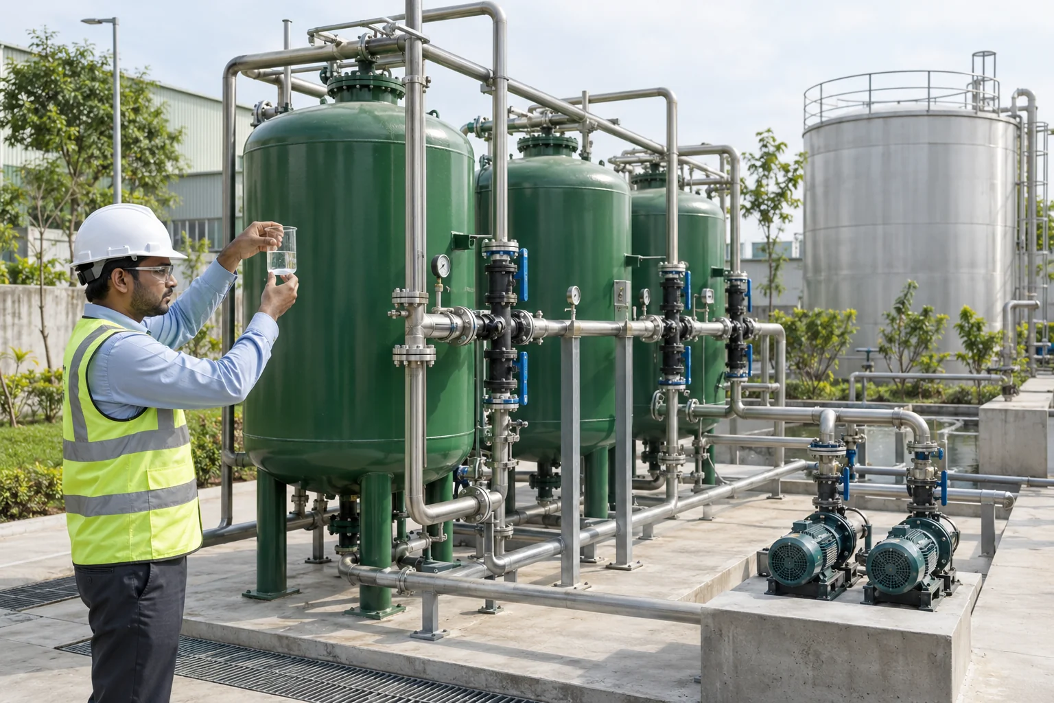 Illustrative water reuse filter vessels and a recovered-water storage tank